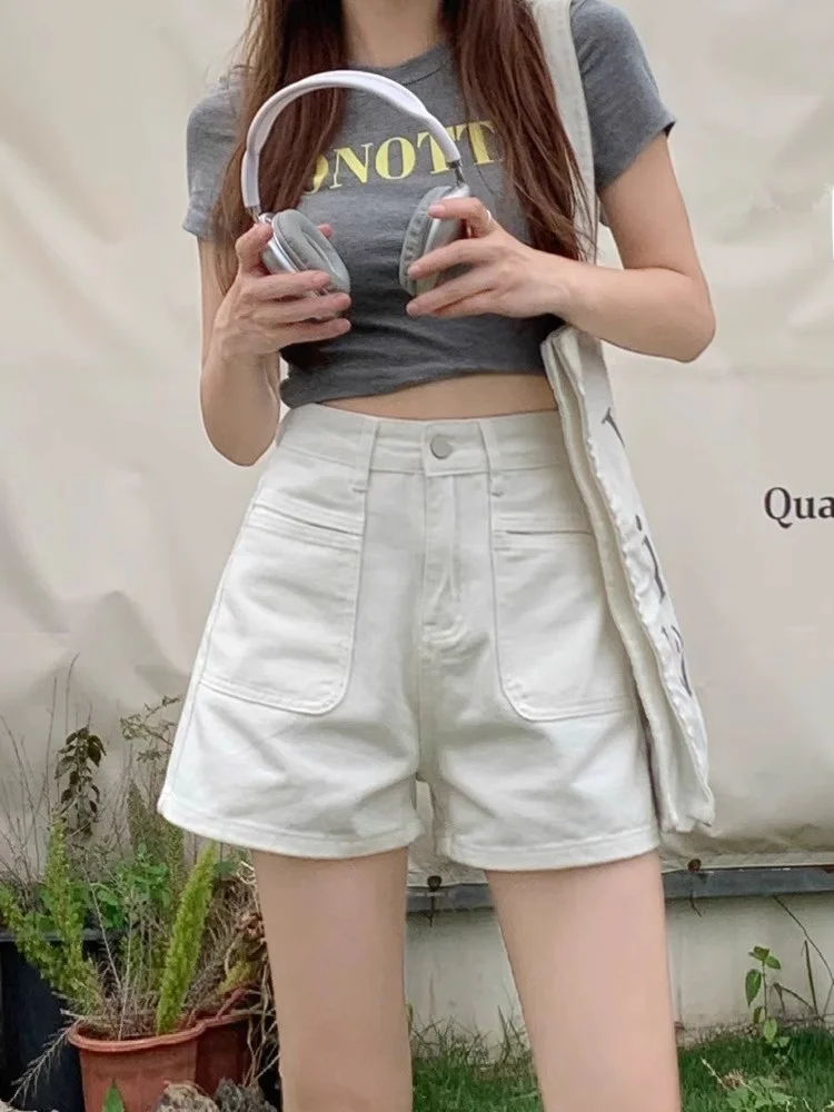 

White High Waist A-Line Denim Shorts Women's Summer New Fashion Simple Slimming Wide Leg Three-Quarter Length Pants