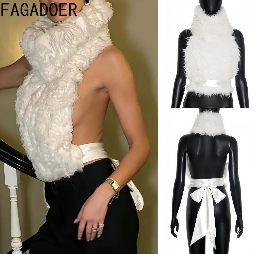 

FAGADOER, осенний новый модный меховой лоскутный жилет, женский однотонный укороченный топ без рукавов с лямкой на шее и открытой спиной, женская уличная одежда 2025