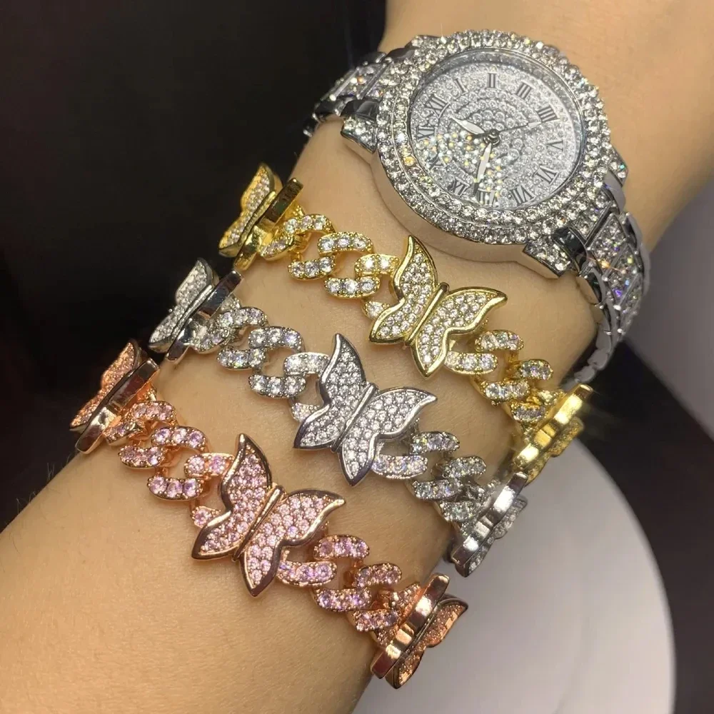 Wholesale Hip Hop Iced Out Bling 5A Zircon Butterfly Charm Bracelet For Women New Fashion Miami Cuban Link Chain Wedding Jewelry