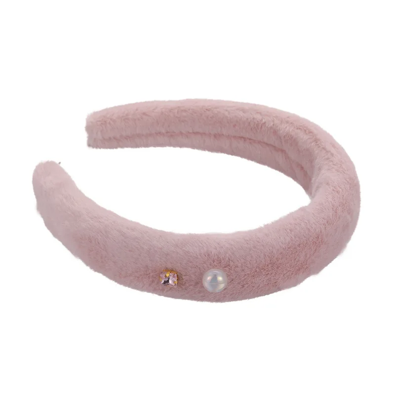 New Retro Pearl Rhinestone Plush Texture Sponge Thickened Headbands Simple Solid Color Hairbands Woman Fashion Elegant Hair Hoop