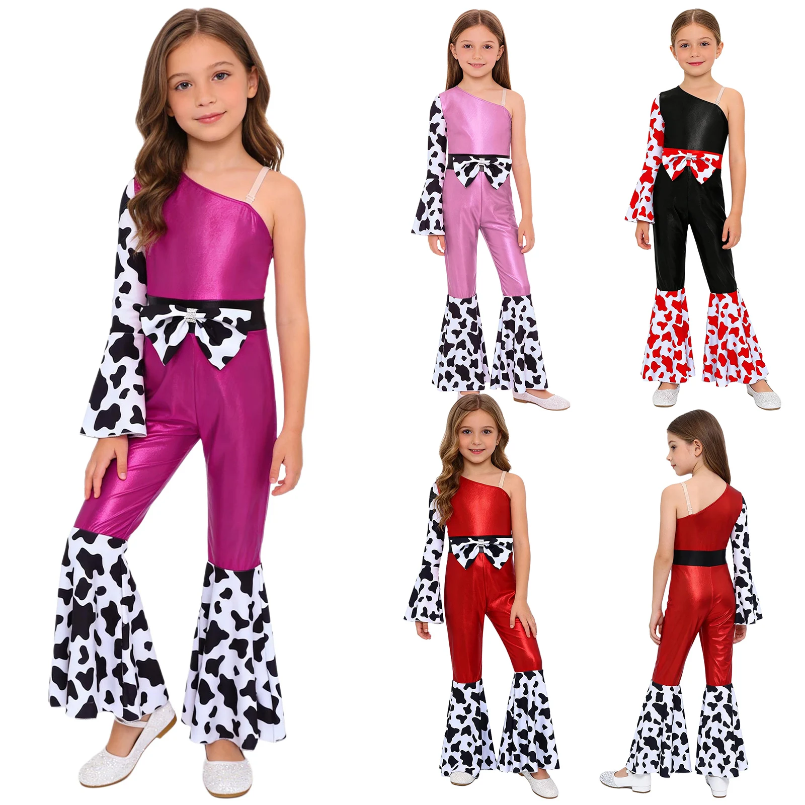 Girls Halloween Carnival Western Cowgirl 70s Disco Hippie Cosplay Costume One Sleeve Metallic Gloss Cow Print Flare Jumpsuit view 3