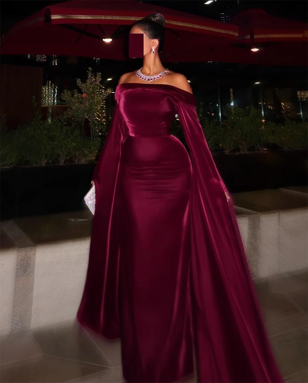 Customized Temperament Burgundy Velour Evening Dress High Quality Ruched Long Sleeves Boat Neck Sweep Train Vestido De Noche