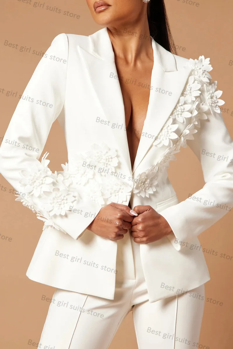 Conjunto de calças femininas formais de duas peças, calças com jaqueta e flor 3D, blazer senhora do escritório, smoking de casamento, vestido de baile sob medida, branco