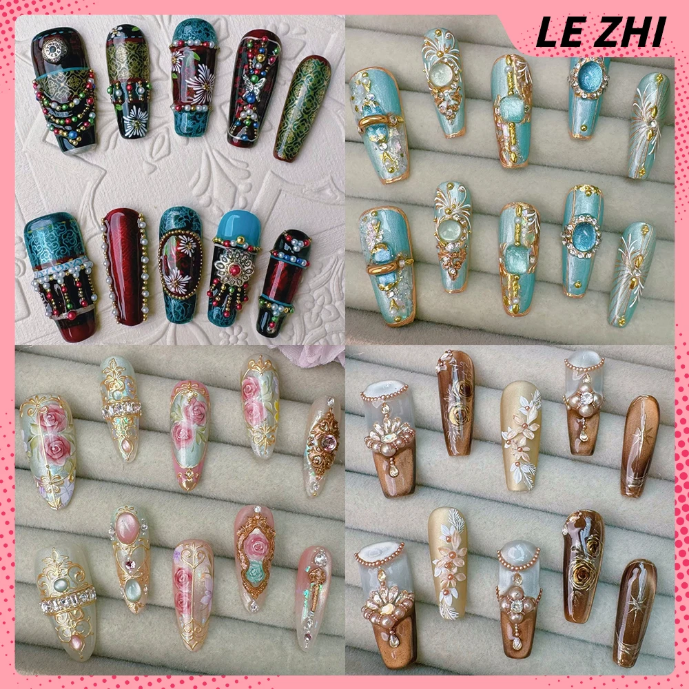 

High Quality Hand Painted Flowers Handmade Reusable Fake Nails Beautiful Butterfly Cat Eyes Long Coffin Ellipse Press On Nails