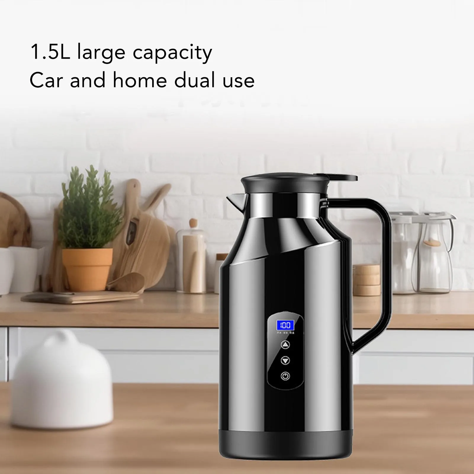 1.5L Electric Kettle Display Temperature Control Thermos Bottle Automatic Power-off Anti-scald 12/24V Boil Water Pot Car