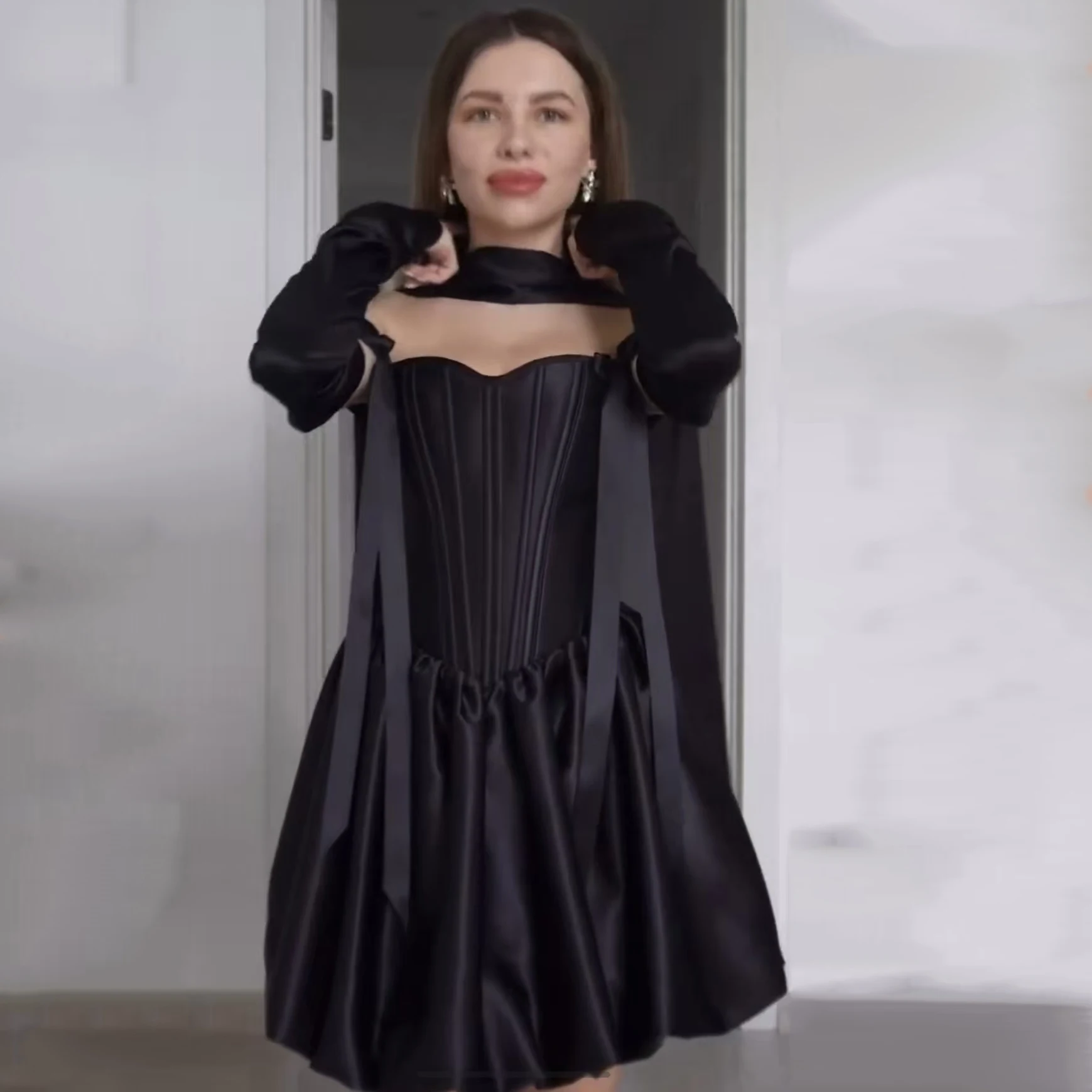 

Bafftafe Customized Black Satin Short Prom Dresses Corset Back Wrap Formal Homecoming Gowns 2026 Women's Party Girl Dance Dress