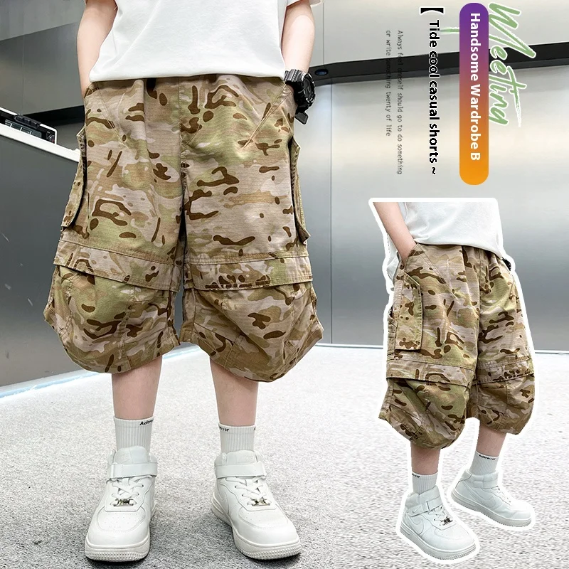 

Boys summer camouflage work pants 2025 summer new product casual pants summer splicing sports loose crop pants 5-15 years old