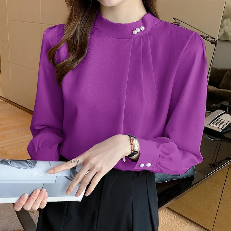 Long Sleeve Chiffon Blouse Office Lady Loose Shirts Fashion Streetwear Female Clothing Spring Autumn Overshirt Solid Tops