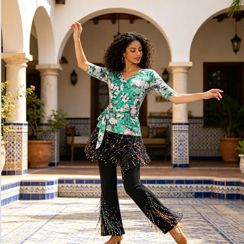 

Retro Printed Waist Cinched Short Sleeved Dance Outfit for Adult Women, Latin Top, Stage Competition Performance Outfit