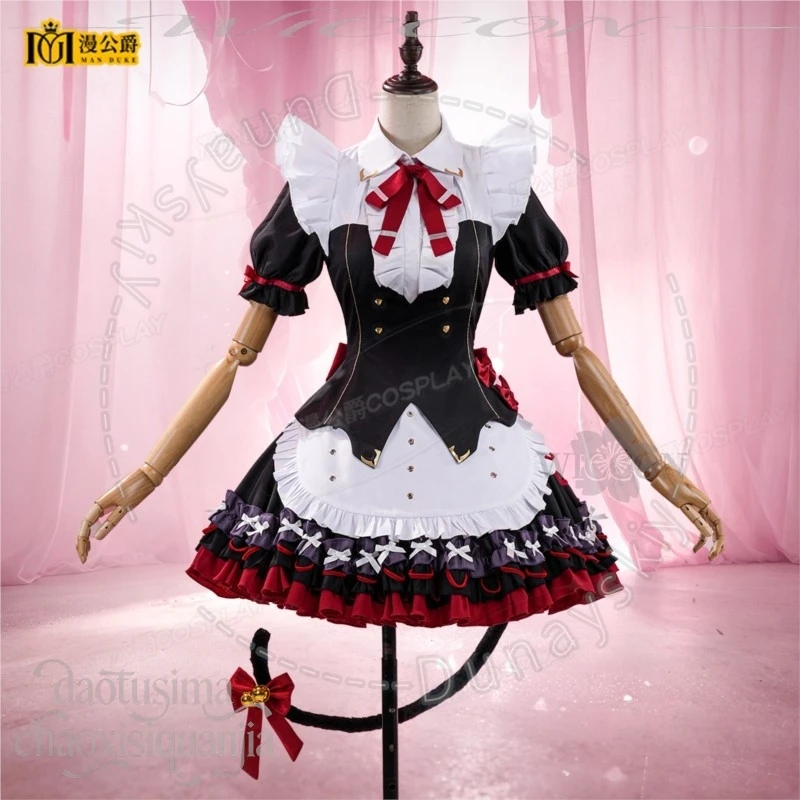 Chisa Cat Tail Sweet Gothic Black White Red Ruffle Maid Mini Dress Bow Long Wig Halloween Party Cosplay Wuthering Waves Badge - view 3