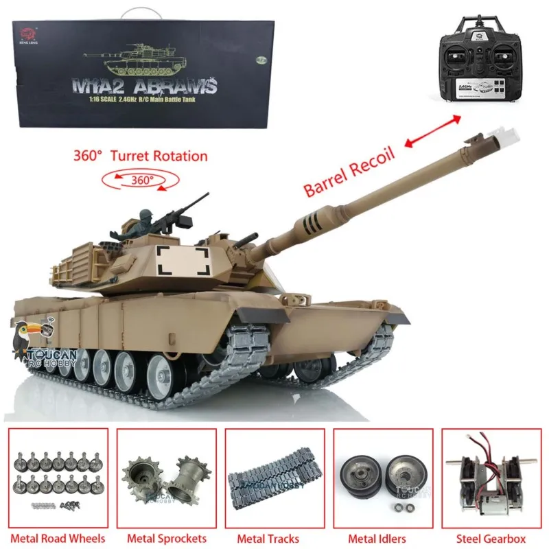 

Heng Long 1/16 7.0 Customize Abrams Tank RC Remote 3918 360° Turret Barrel Recoil Toucan Metal Tracks Idlers Road Wheel TH17803