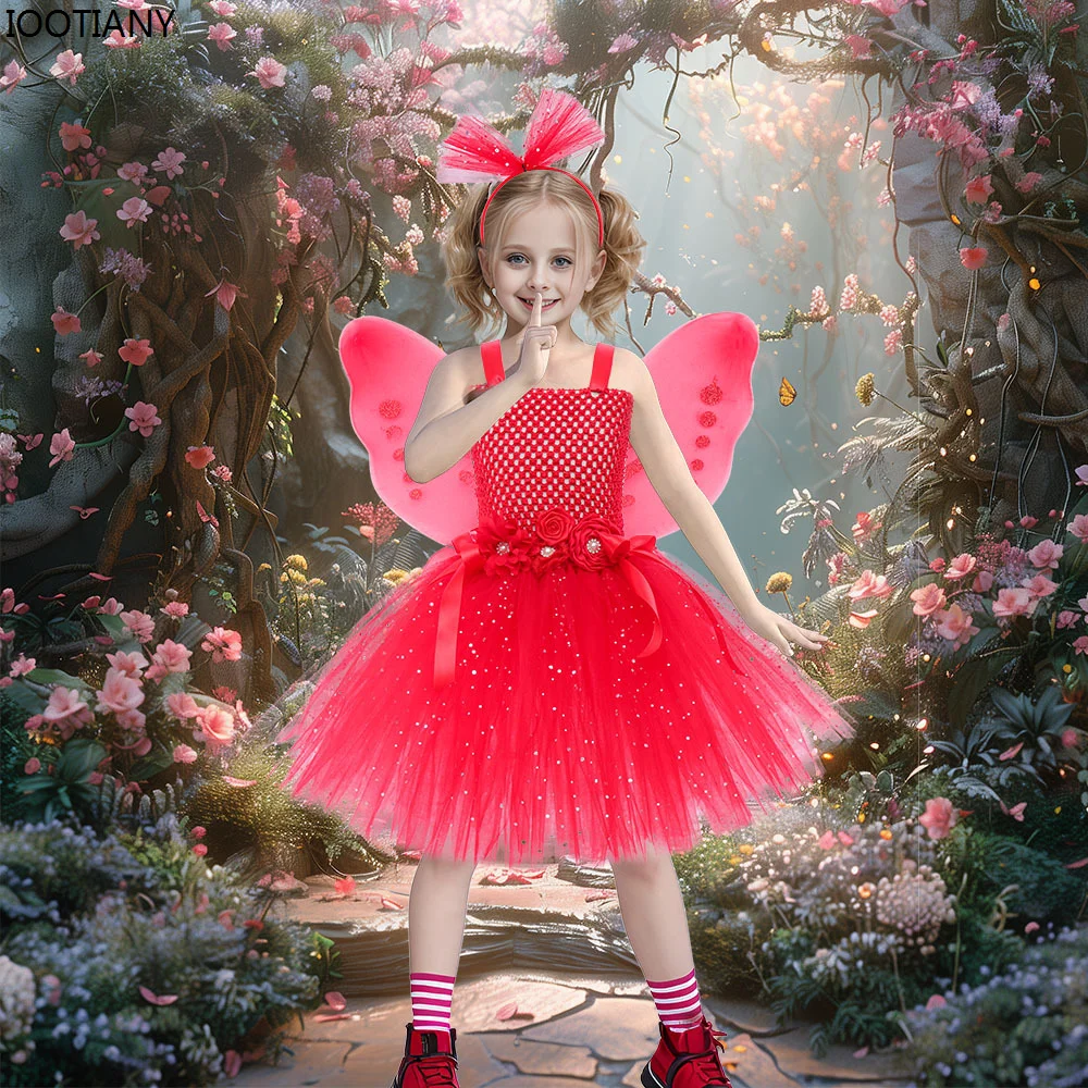 

Butterfly Fairy Girls Sparkly Red Tutu Dress Holiday Birthday Party Girls Performance Clothing Carnival Dance Catwalk Dresses