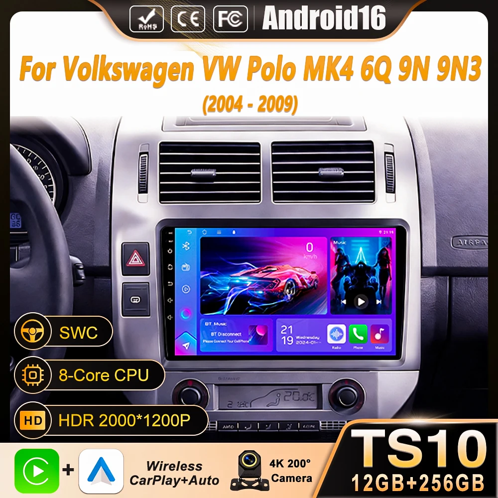 

Автомагнитола Android 16 с GPS, Carplay и QLED-экраном для Volkswagen VW Polo MK4 6Q 9N 9N3 2004-2009 годов выпуска, мультимедийный видеоплеер, стереосистема