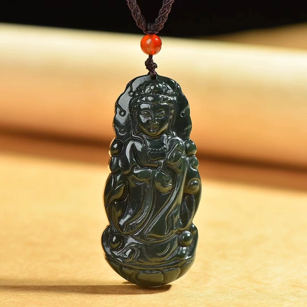 

Natural Hotan Green Jade Guanyin Bodhisattva Pendant Retro Jewelry P0061