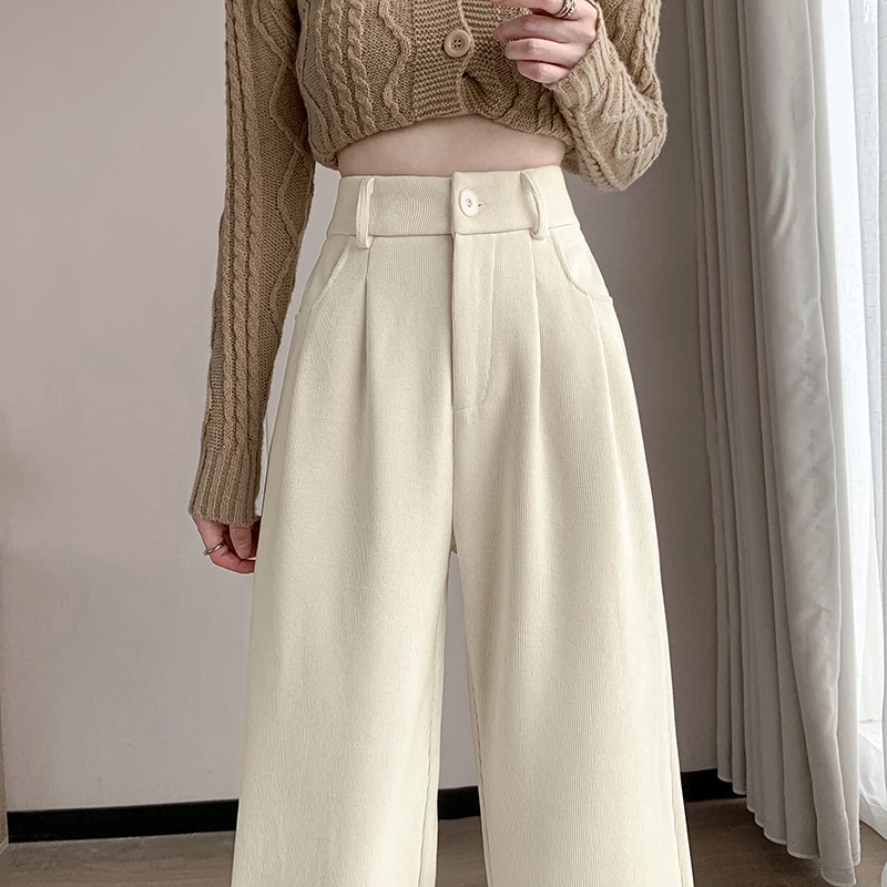 الخريف الشتاء عالية الخصر المخملية المرأة بنطال ذو قصة أرجل واسعة جيوب 2025 جديد زر واحد الكورية بناطيل فضفاضة غير رسمية الإناث #2