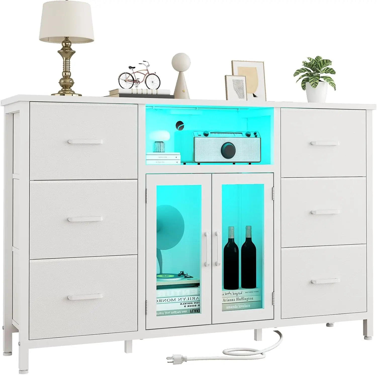 

White Dresser for Bedroom Dresser TV Stand with Charging Station for 60" TV 6 Drawer Dresser Entertainment Center with LED Long