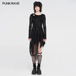 PUNK RAVE Women's Gothic Dark Snakescale Shadow Flower Long Sleeve Dress Daily Casual Hole Knit Irregular Hem Women