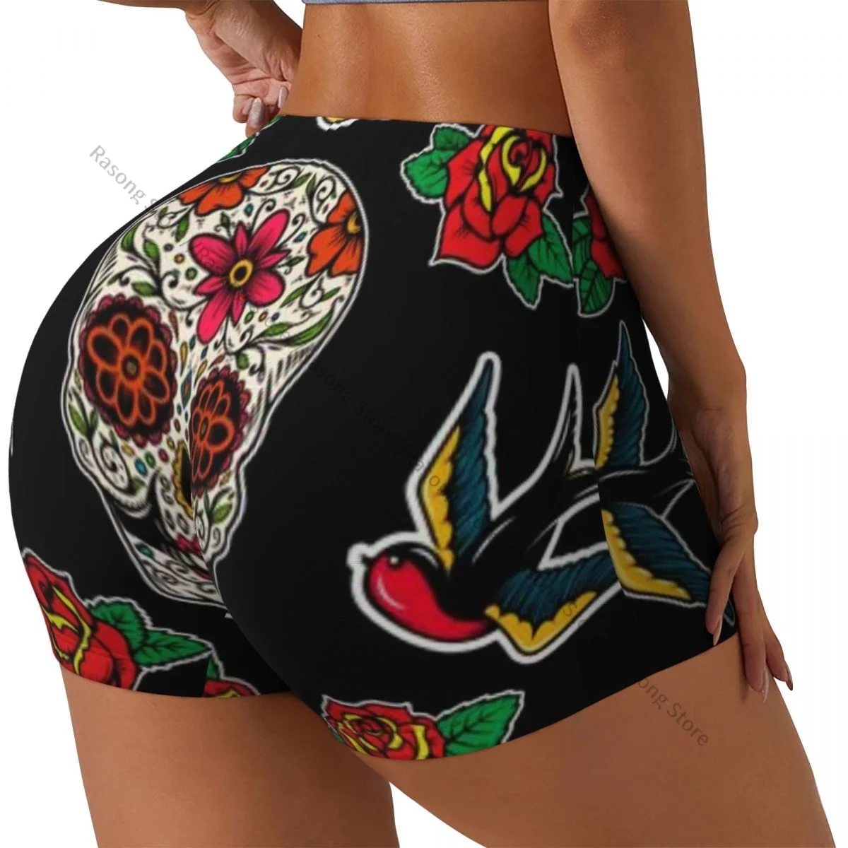 

Женские шорты для йоги, мексиканские сахарные черепа, ласточки, шорты для тренировок, быстросохнущие женские шорты для йоги, тренажерного зала, шорты для бега, спортивная одежда