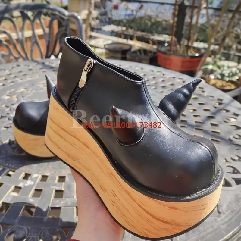 

Novelty Woman Devil Horns Ankle Boots Wood Grain Platform High Heels Boots Punk New Side Zipper Personality Ladies Cosplay Shoes