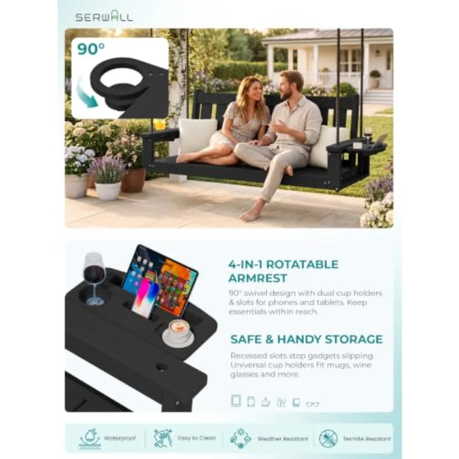 HDPE porch s outdoor patio, 5 feet, with cup holders, weather-resistant material, gray, durable and low-maintenance