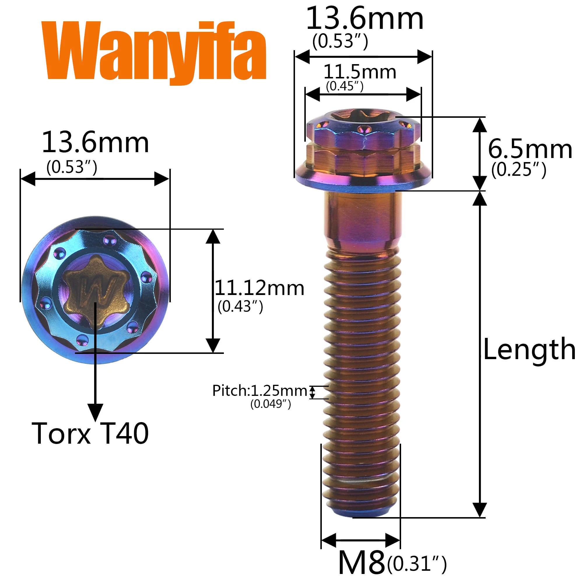 Wanyifa Titanium Bolts MTB Fasteners M8x30/35/40/45/50mm Flange Head Torx Sleeve Ti Screws for Bicycle Accessories 4Pcs