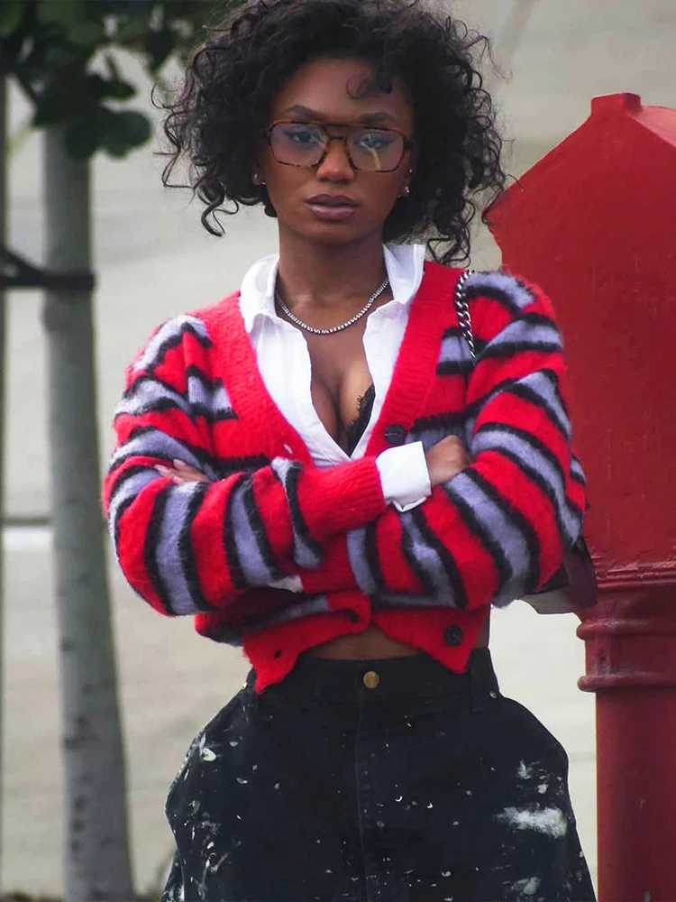 

Женский лоскутный свитер в полоску Weird Puss, эластичный повседневный осенний тренд, однобортная уличная одежда, хипстерская базовая укороченная куртка