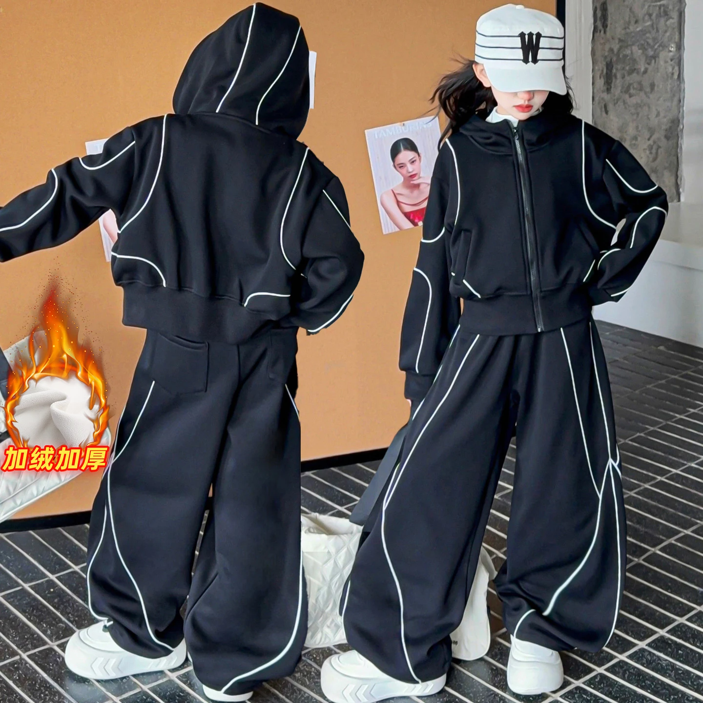 

Girls Hip Hop Street Suit Children's Clothing Sets Winter Fleece Casual 2 PCS Kids Sets Sport Suit for Boys Clothes Coat+Pants