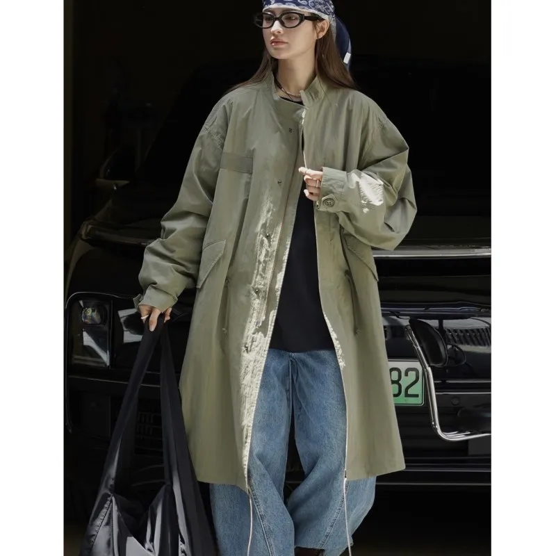 Johnature Autumn New Workwear Outdoor Stand Collar Windbreaker Casual Simple Windproof Loose Long Trench Coat For Women