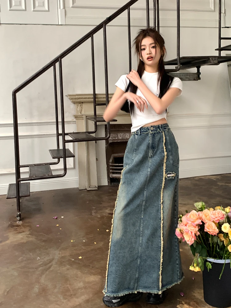 Woman Clothing Jeans Skirt Spring/summer New High Waist Design Sense Retro Slit Denim Skirt Harajuku Long Skirts Women Faldas