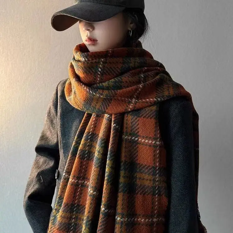 New Elegant Women's Autumn Winter Warp Fashionable Versatile Plaid Shawl Thickened Warm Scarf Suitable for Daily Use 2024 R124