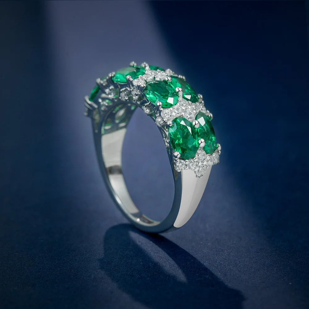 S925 Silver Egg Green Nano 4 * 6 Half Ring Diamond Environmental Protection Emerald Ring Ring European and American Ins Style