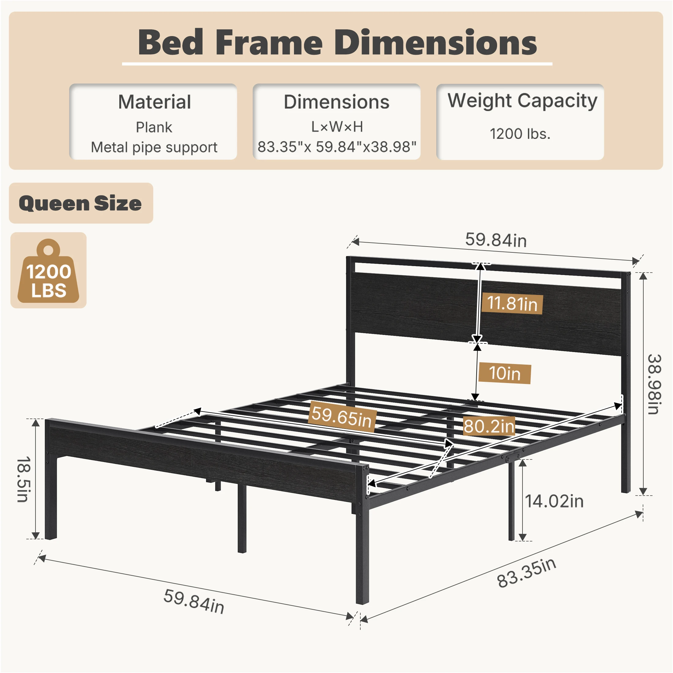 JHK 14 Inch Metal Bed Frame with Wood Headboard Heavy-duty Metal Platform With 1200lbs Capacity No Box Spring Needed Noise-free and Easy Assembly Design