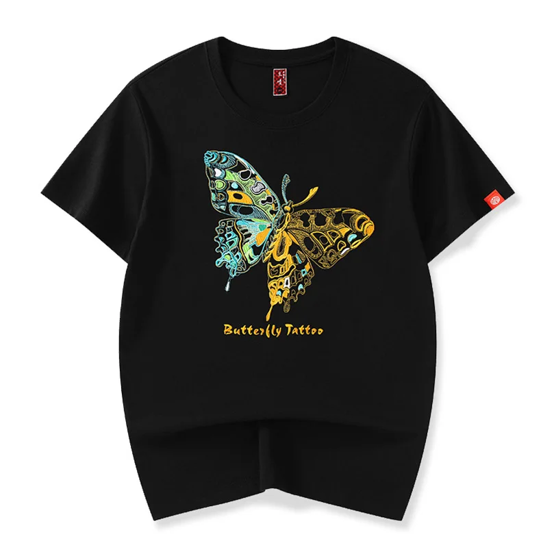 Summer Butterfly Embroidery Tshirt Men Cotton Short Sleeve Top Tee Yokosuka Luxury Harajuku T Shirt Man Round Neck Male Clothing