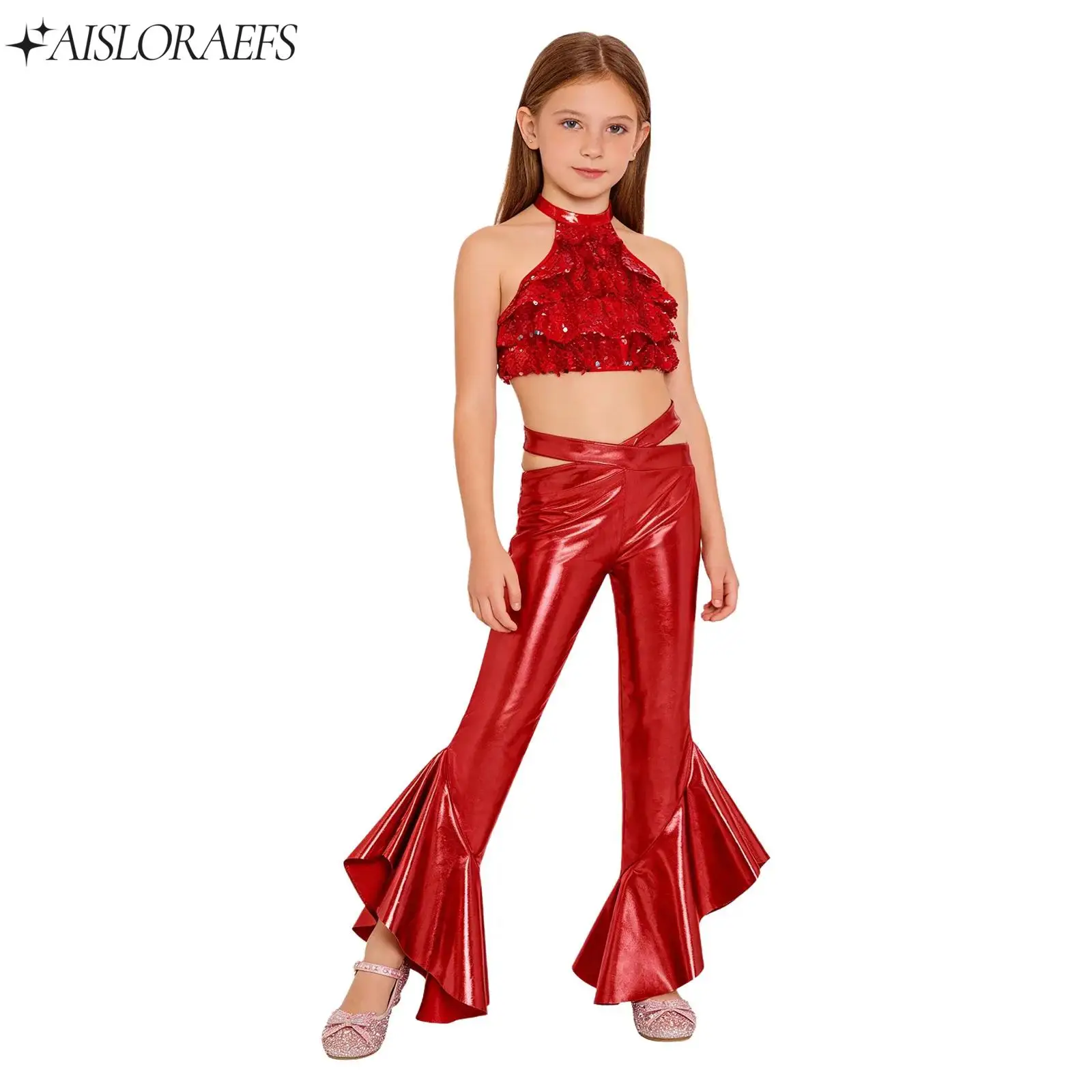 

Children Girls Jazz Street Dance Outfit Kids Hip-hop Sleeveless Sequin Crop Top And Pants for Carnival Themed Party Performance