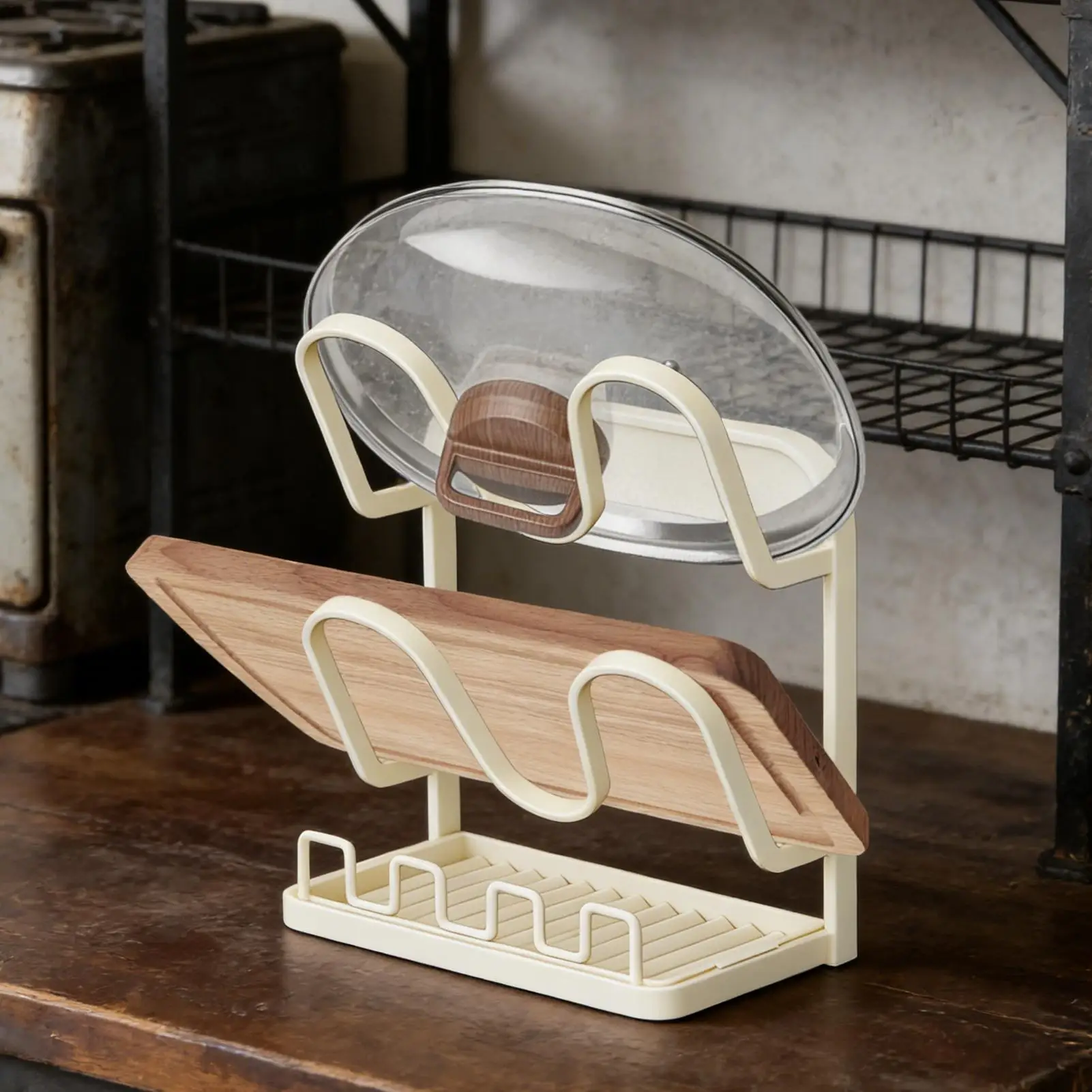 

Pot Lid Holder Multi-Tier Stand With Drip Tray Pan Lid Organizers Inside Cabinet Rack For Spoon Fork Spatula Soup Ladle Towel