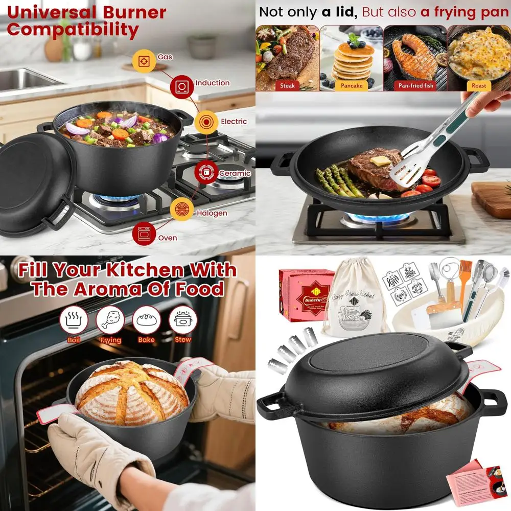 

Чугунная жаровня ARC 5QT для выпечки хлеба с крышкой-сковородой, набор для выпечки хлеба на закваске, включая корзину для расстойки и лезвием для разрезания теста.