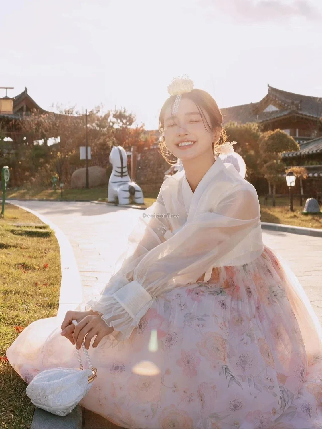 

improved korea style women hanbok daily costume princess court dress skirt brace loose casual korea dress WHITE 2025 Spring