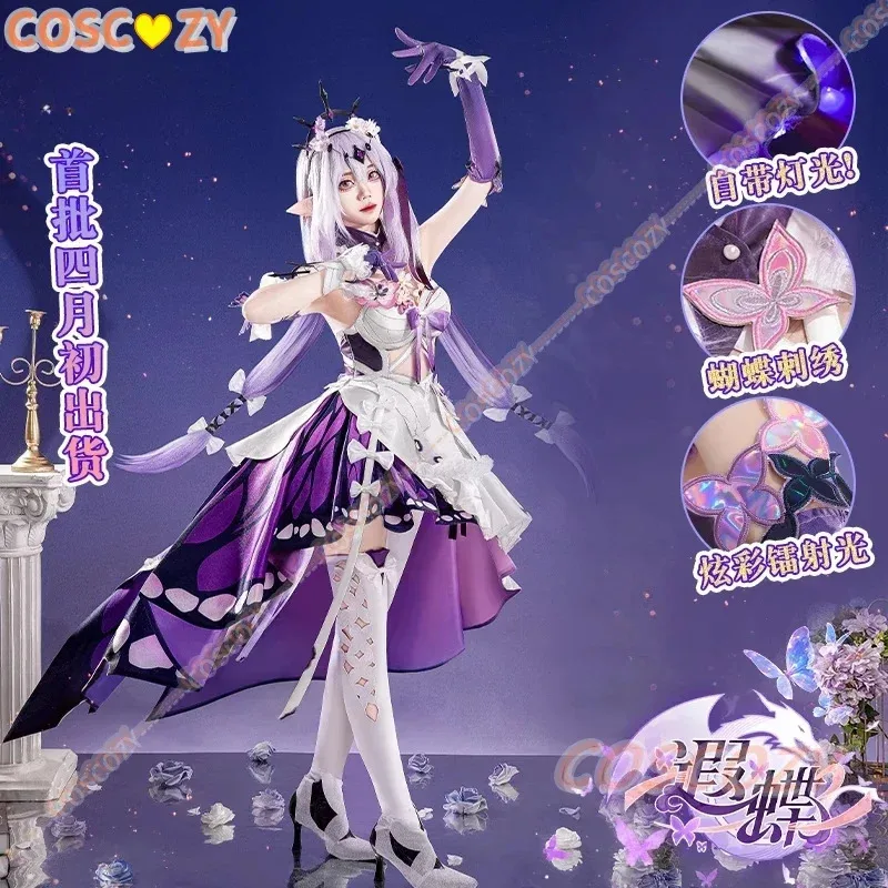 لعبة هونكاي ستار رايل كاستوريس أزياء تنكرية باروكة خادم الموت فستان أغطية الرأس فستان الفراشة فستان الهالوين للفتيات والنساء