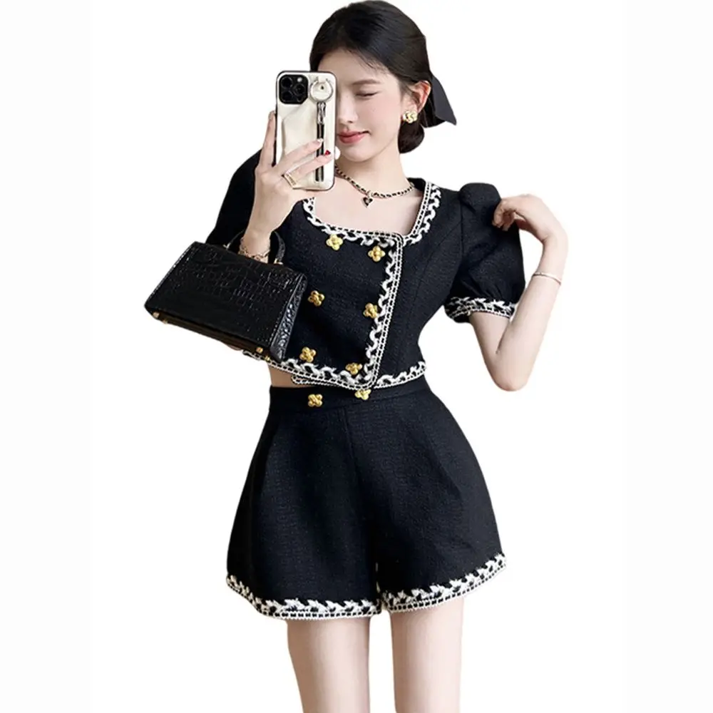 

​​2025 Women's Black Tweed Blouse Shorts Set Bubble Sleeve High Waist Summer Outfit​
