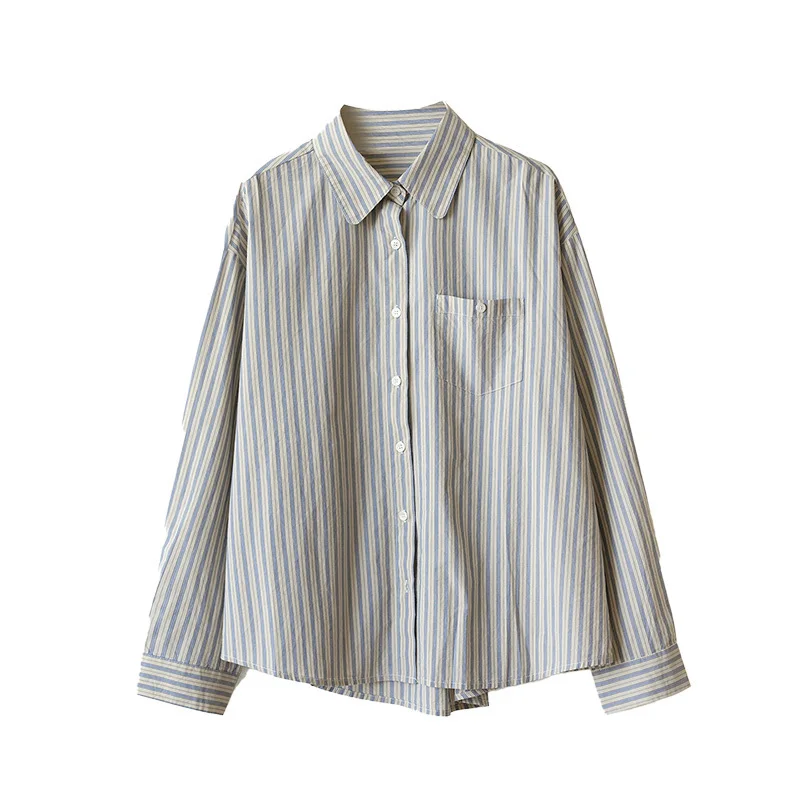 

Women Blue Striped Shirts Autumn Turn Down Collar Loose Pocket Long Sleeve Korean Casual Shirt