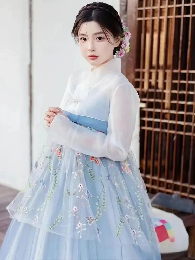 New Blue Hanbok For Women Korean Traditional Costume Minority Palace Performance Court Clothes Flower Wedding Party Dance Dress