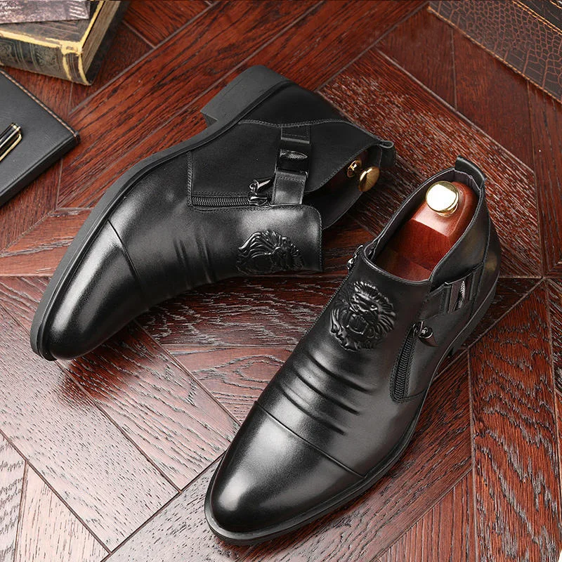 Zapatos de cuero de tacón cuadrado para hombre, botas cortas de vestir con cremallera, versátiles, a la moda, color negro, para primavera y otoño