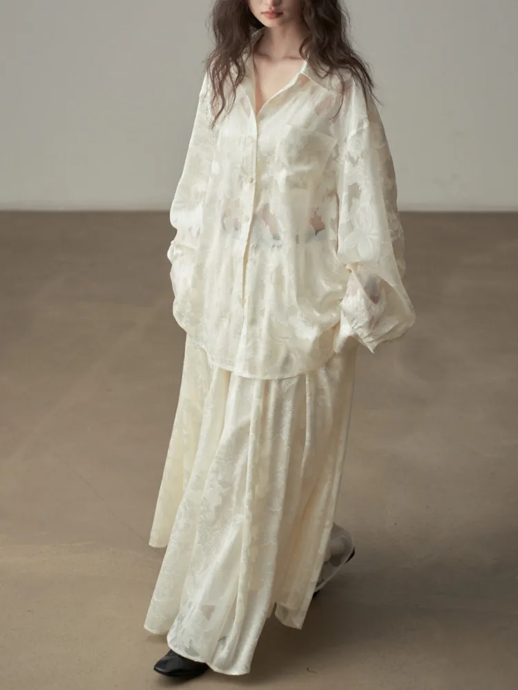 KWTX 2025 Nieuwe Vintage Getextureerde Jacquard Blouse & Midi Rok Set Vrouwen Lente Zomer Bloemen Kant Elegant Office Casual Outfit