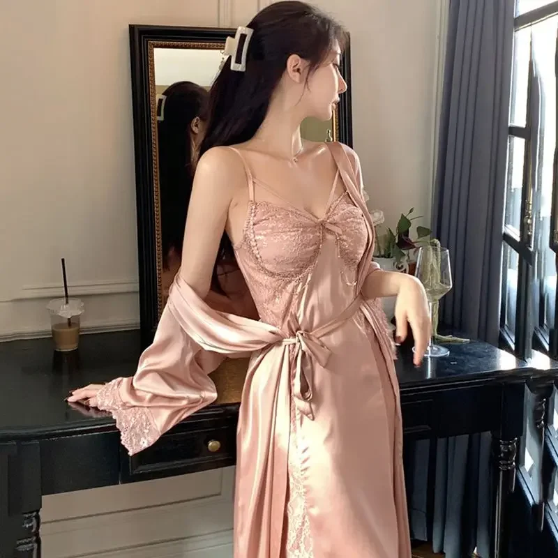 Robe Spring Summer Ice Silk Suspender Sleepwear Women's New Loungewear Two Piece Set Long Lace Pajamas Chest Pads Long Sleeves