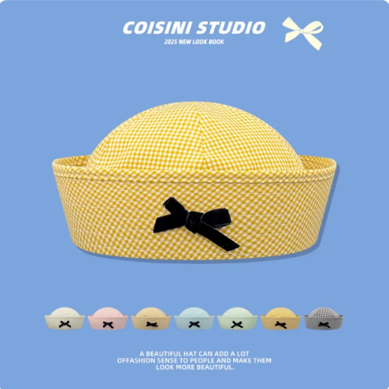 Korean Version Cute Sweet Bow Plaid Sailor Hat Spring and Summer Flipped Brim Versatile JK Dome Beret Cap for Women's 5