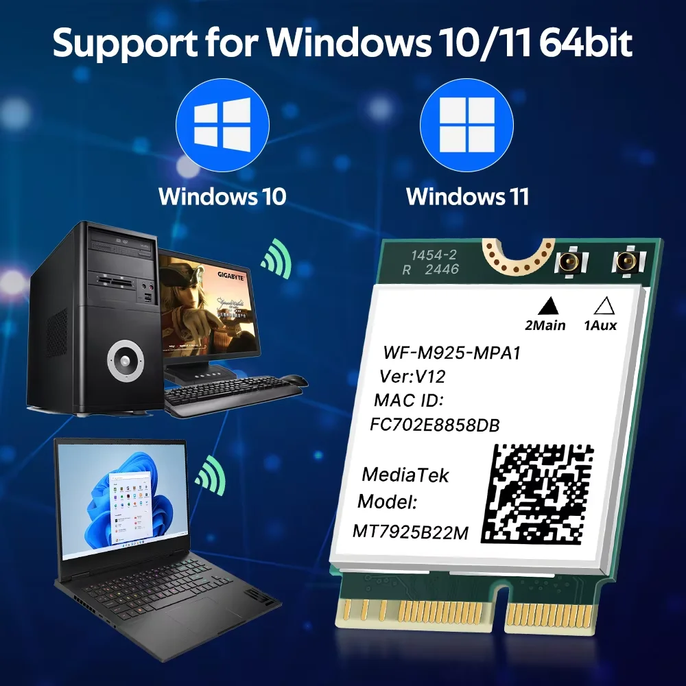 MT7925 WiFi 7 Scheda di rete 5400Mbps per Bluetooth 5.3 Tri Band 2.4G 5Ghz 6GHz M.2 NGFF Adattatore wireless per Win 10 Win 11