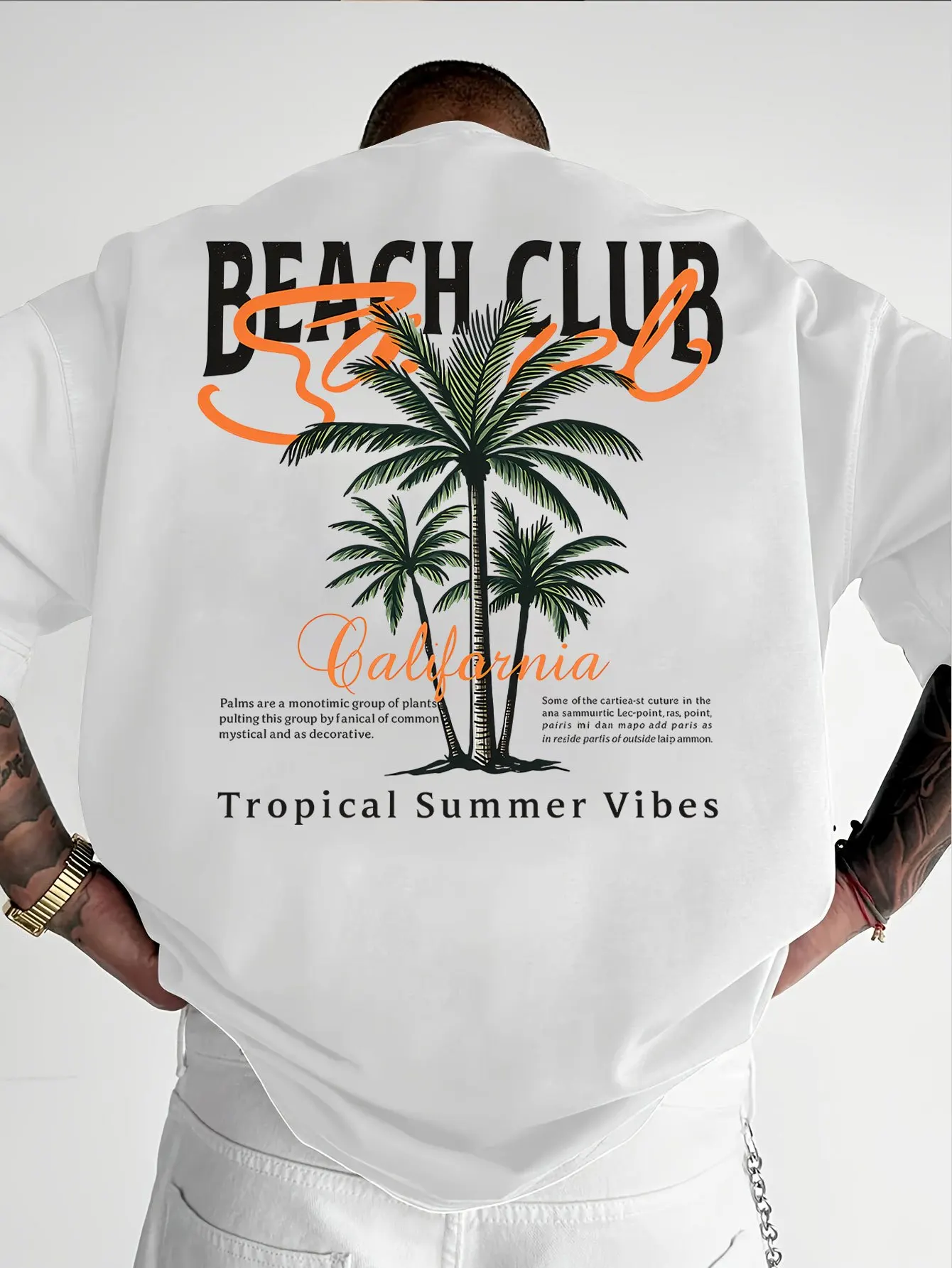 California Beach Club Palm Tree Print auf hochwertigem, weichem Herren-T-Shirt aus 100 % Baumwolle, perfekt für den tropischen Sommer-Casual-Stil