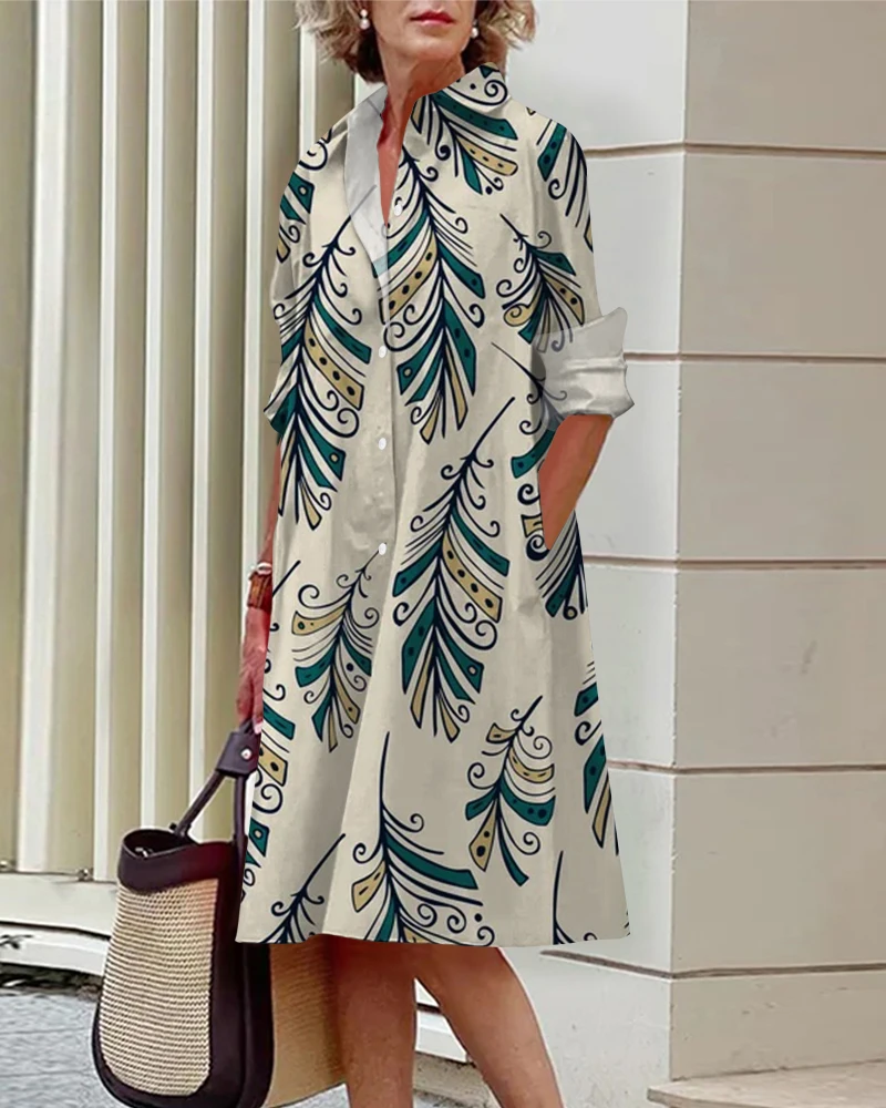 Women's Long-Sleeved Shirt Dress Lapel Feather Print Elegant Knee-Length Skirt Breathable And Comfortable For Spring And Summer