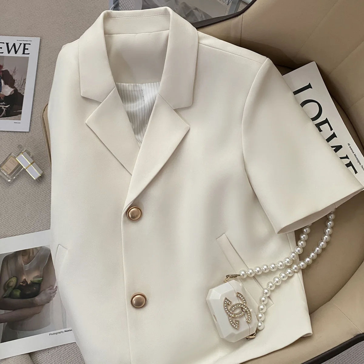 Fashionable Women's Beige Short Sleeve Single-breasted Short Top Summer Elegant Office Jacket Top Street Wear Korean Style Trend