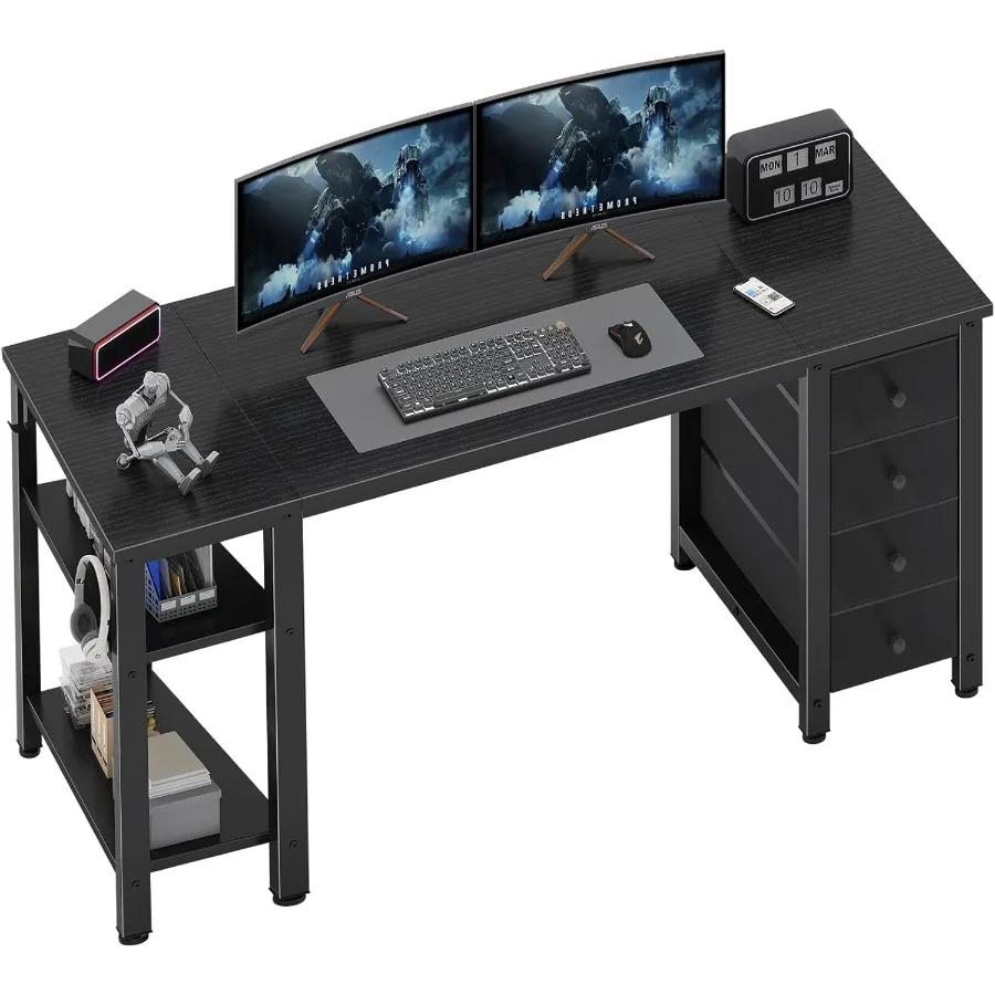 55 inch Modern Simple Gaming Desk with 4 Fabric Drawers and Storage Shelves for Home Office Bedroom Study and Student PC Workst